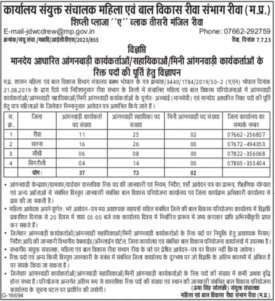 MP Anganwadi Recruitment 2023 Madhya Pradesh WCD Jobs Vacancies